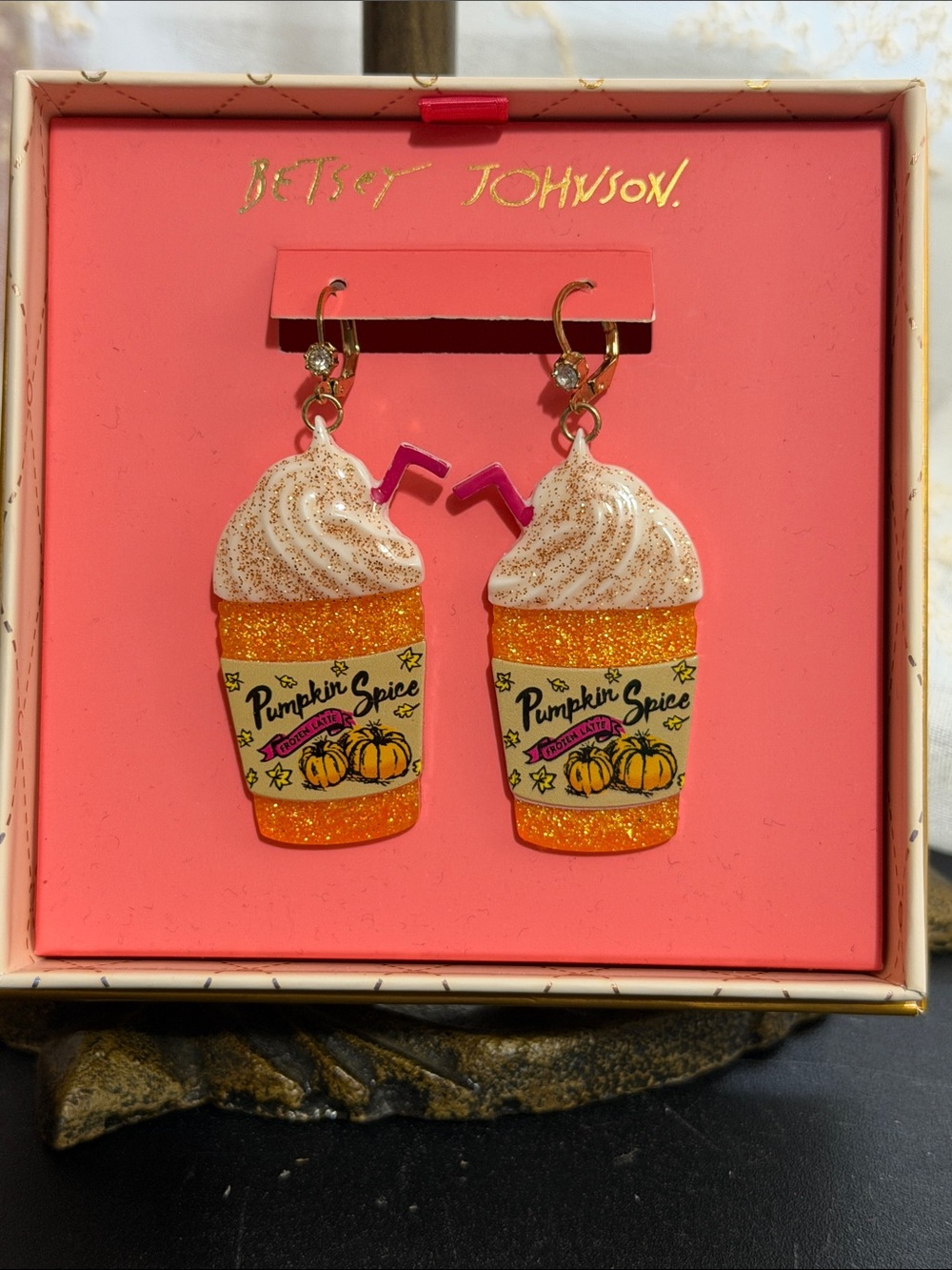 Betsey Johnson pumpkin spice latte dangle earrings